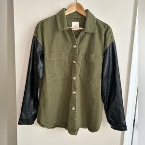 Thread & Supply Faux Leather Long Sleeves Military Green Shacket Button Down S